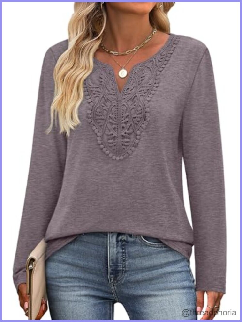 Boho V Neck Lace Front Long Sleeve Tunic Blouse Loose Fit Casual Top